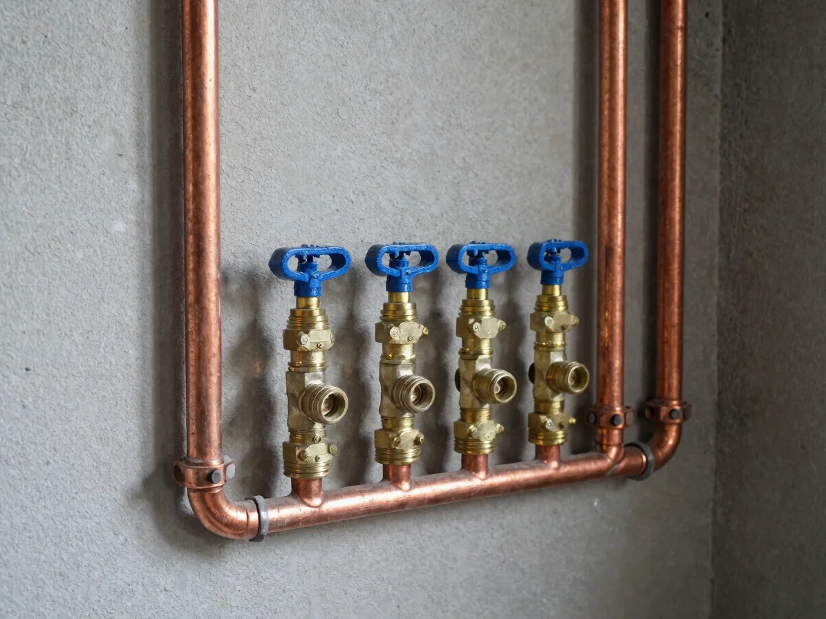 Close detail of new copper plumbing runs with brass fittings and