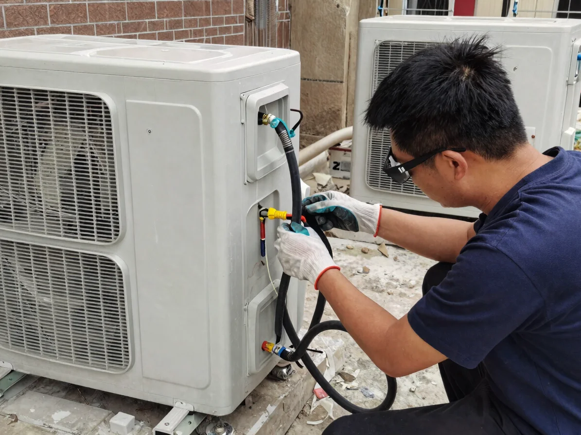 Installer connecting refrigerant and water lines to an air-condit