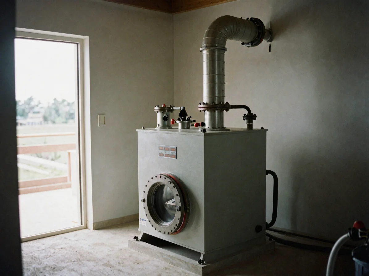 Furnace unit positioned in a mechanical room with flue pipe and g