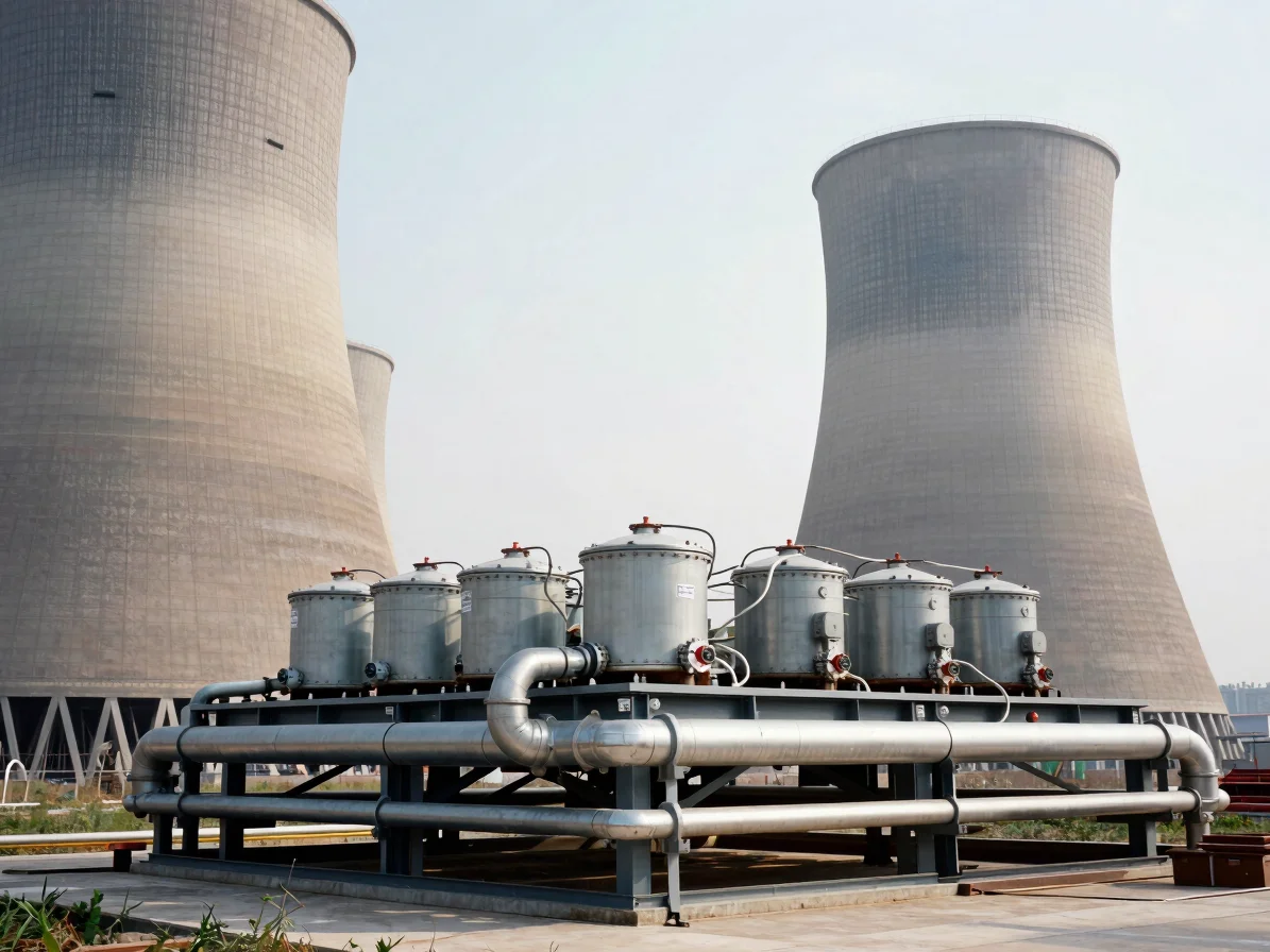 Industrial cooling tower on a steel base with piping connections