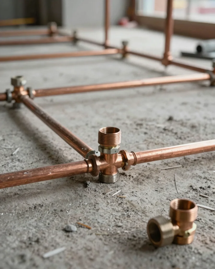 Close documentary detail of copper plumbing runs and fittings bei