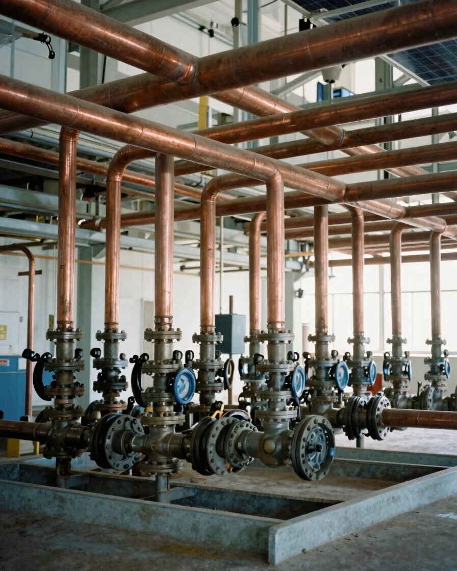 Wide documentary photograph of exposed industrial copper pipework